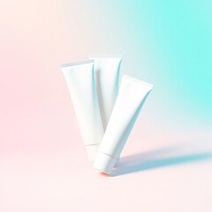 Three sleek white cosmetic tubes arranged in a triangle composition on a soft pastel gradient background, different angles (front, side, diagonal), minimal shadow, no text or logo.