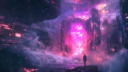 A lone figure stands in a futuristic city, gazing up at a glowing portal in the sky.
