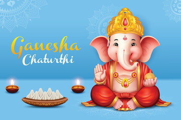 Lord Ganesha Sitting Blue Color Background With Mandala Elements. Ganesha Chaturthi Festival Sale Celebration For Greeting Card, Invitation, E-commerce Banners.