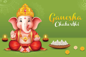 Lord Ganesha Sitting Green Color Background With Mandala Elements. Ganesha Chaturthi Festival Sale Celebration For Greeting Card, Invitation, E-commerce Banners.