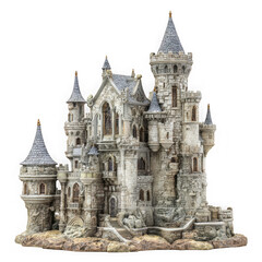 Fototapeta premium Intricate stone fantasy castle with multiple towers and turrets isolated on transparent background