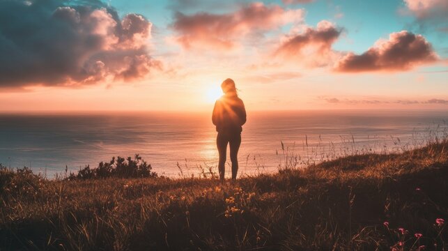 A lone figure stands on a grassy clifftop, silhouetted against a vibrant sunset over the ocean. - Powered by Adobe