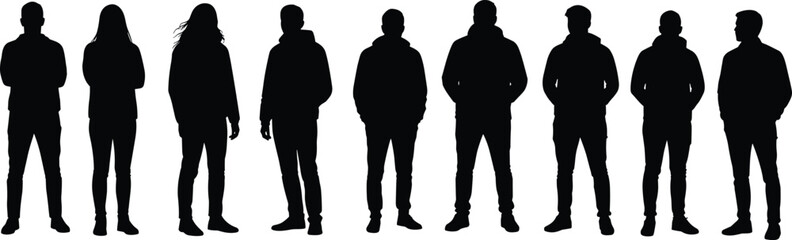 Silhouette group of people standing side by side, black shadow figures, hoodie outfit, casual stance, isolated on white background, vector illustration