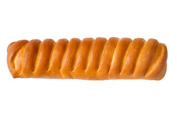 Long sweet bun isolated on white background. One bun close-up.