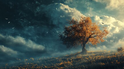 A lone tree with golden leaves stands on a hilltop, bathed in the soft light of the setting sun. The sky is a dramatic blend of dark clouds and streaks of light, creating a sense of peace and hope.