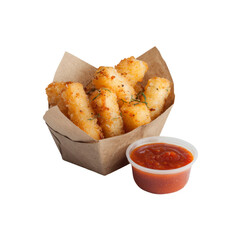 Crispy Fried Mozzarella Sticks with Marinara Sauce in a Paper Cup