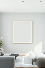 Modern living room with square artwork and natural light