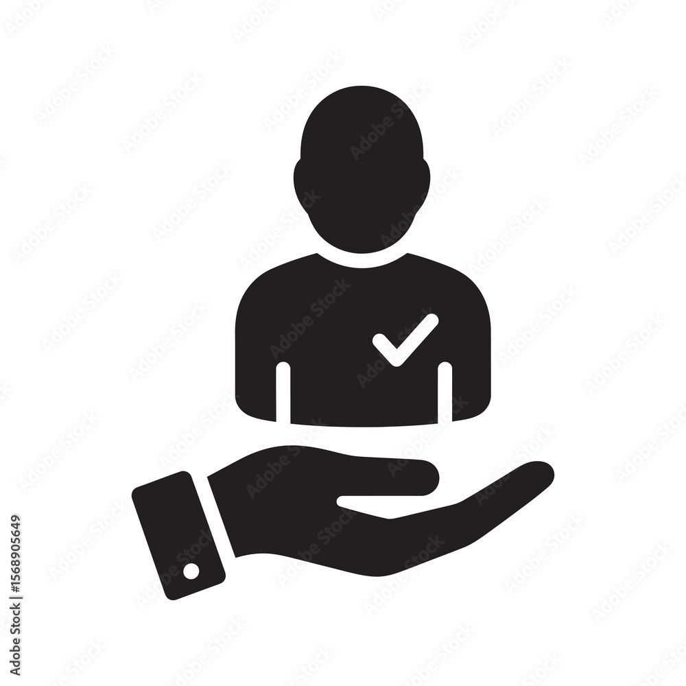 Poster customer care icon with hand holding approved user representing employee verification human resource