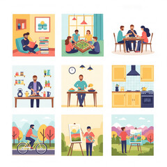 Flat design vector illustration of weekend leisure activities: reading books, playing board games, cooking, biking, and painting, in soft pastel color palette