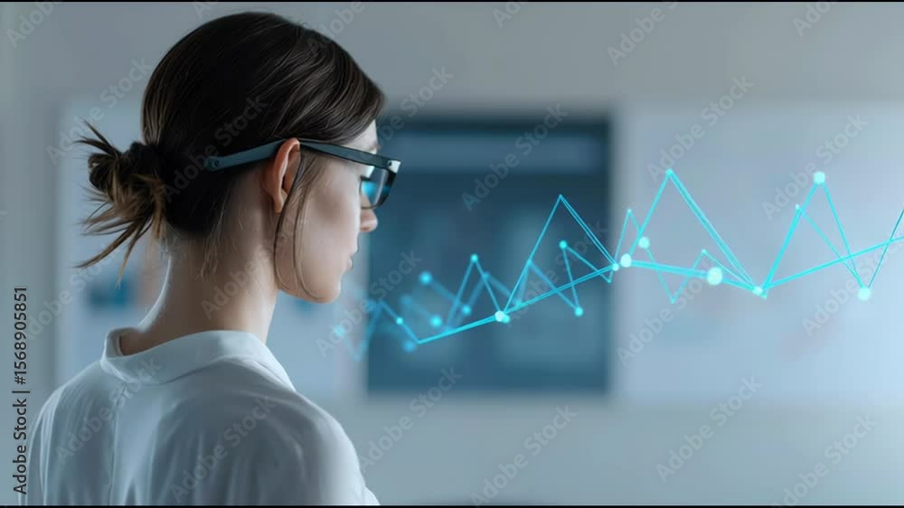 Poster intelligent woman wearing glasses analyzing data and visualizing business pulse monitoring with real