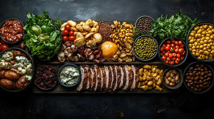 Gourmet Charcuterie Board with Grilled Meat, Vegetables, and Dip