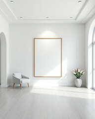 Minimalist modern living room with empty frame and natural light