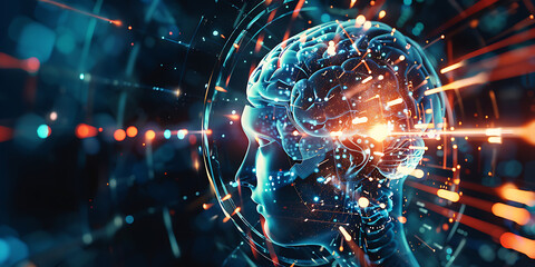 Abstract brain with illuminated neural pathways in dark setting

