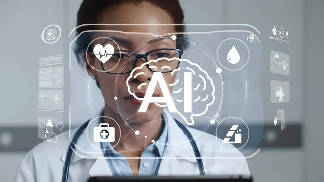 Female Doctor Using Digital Tablet with AI Graphics Overlay in Clinic Setting Featuring Medical Icons Data Visualizations and Modern Technology Interface - Powered by Adobe