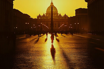 Golden hour silhouette of people walking towards a large building