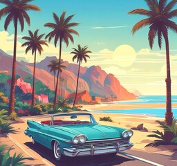 A vibrant vector illustration of a summer travel landscape featuring a scenic coastal road, palm trees, a convertible car, beach in the background, and bright blue skies.