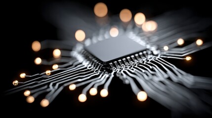 Close up detailed view of a computer microchip with illuminated connections on a dark background