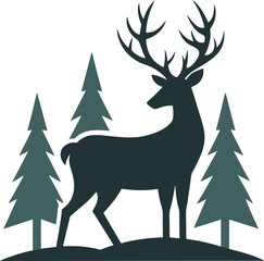 Majestic deer with large antlers standing among pine trees isolated on white background
