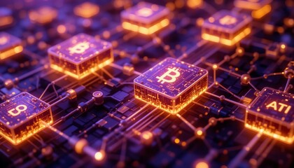 Fototapeta premium Futuristic Bitcoin Cryptocurrency Network Blockchain Technology Digital Currency Crypto Mining