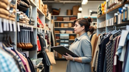 A female shop owner managing inventory in a backroom while staff attend to customers Her hands-on involvement highlights her commitment to her business A grounded depiction of women in retail manageme