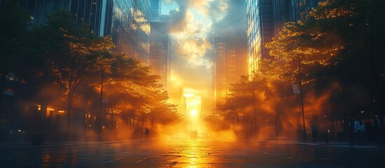 Fototapeta premium City street bathed in golden sunrise