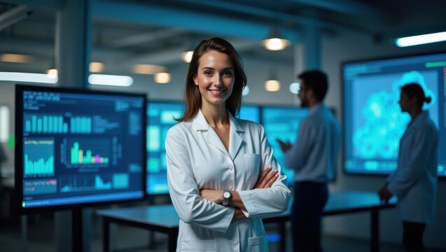 A female scientist leading a team presentation in a high-tech lab with complex data on a large screen Her poised stance and confident gestures underscore her expertise A powerful image of women making