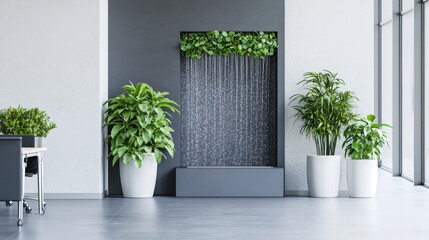 Serene workspace with a wall featuring a water feature for tranquility: A calming office environment with a sleek, built-in water wall, softly trickling to create a relaxing ambiance, paired with