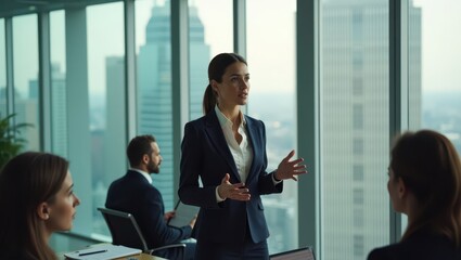 A dynamic female CEO addressing her team in a high-rise office with a city view behind her Her commanding presence exudes authority and visionary leadership A striking image of women at the top of the