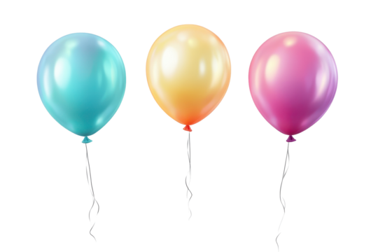 Colorful balloons in various hues suspended from thin strings against a transparent background for festive occasions and celebrations