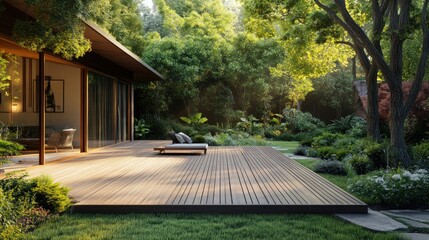 Fototapeta premium Modern deck with lush garden and home