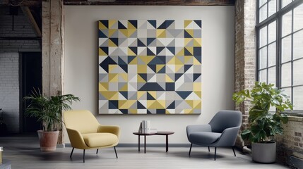 Small office with a creative wall design that incorporates geometric patterns: A visually engaging office space featuring a bold geometric wall design in contrasting colors, adding depth and energy