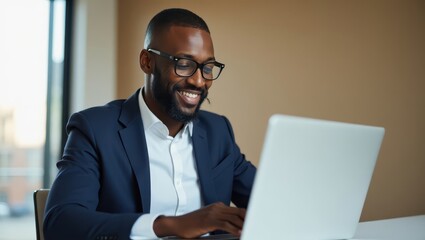 African businessman in his mid-40s with a friendly smile, slight wrinkles around the eyes, and a trimmed beard, sitting in a modern, minimalist office with a neutral beige background, wearing a crisp 