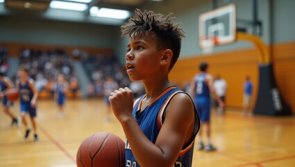 A perspiring young basketball player, likely between 15 to 18 years old, with a determined expression, sweat-drenched jersey, and flushed cheeks, catches their breath during a intense game in a well-l