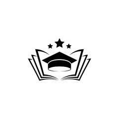 university graduation education logo with toga hat and books icon in flat design style