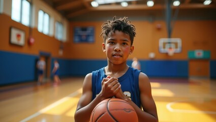 A perspiring young basketball player, likely between 15 to 18 years old, with a determined expression, sweat-drenched jersey, and flushed cheeks, catches their breath during a intense game in a well-l