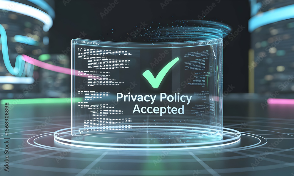 Poster futuristic ui screen showing privacy policy acceptance, neon background, illustrating data security,