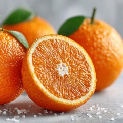 Three whole oranges and one orange cut in half showing juicy segments and pulp