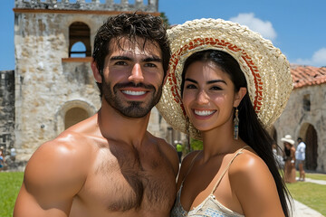Couple Posing Outdoors Near Ancient Stone Structure