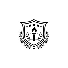 university logo with book emblem and torch icon in flat design style
