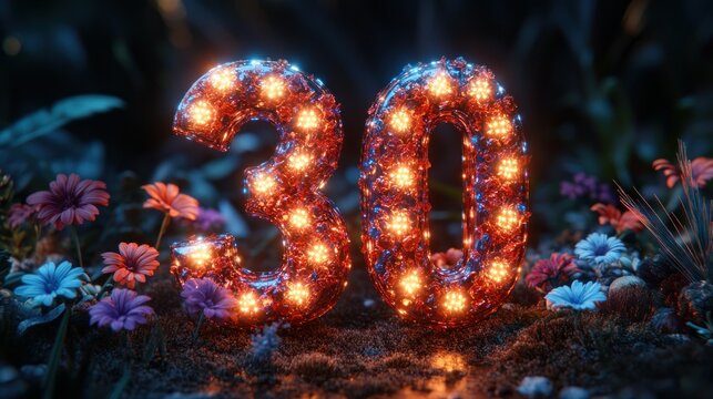 Glowing number 30 amidst flowers