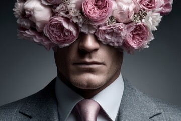 Close up portrait of a man in a suit with a floral arrangement covering his eyes