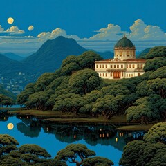 Grand classical building nestled among lush trees beside a calm lake reflecting the moonlight and distant mountains