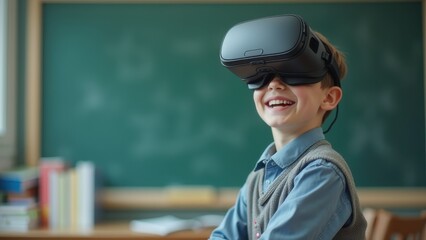 Smiling boy in virtual reality glasses on blackboard background