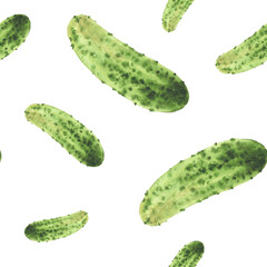 Watercolor seamless pattern of cucumber. Green vegetable hand painted illustration of prickly gherkin pickles harvest. Clipart for canned vegetarian food label, kitchen decor. Isolated from background