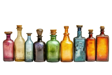 Collection of colorful alchemical bottles isolated against a white background showcasing diverse shapes and hues perfect for art and display