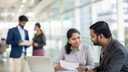 Obraz premium Blurred corporate office background with Indian professionals in business discussion 