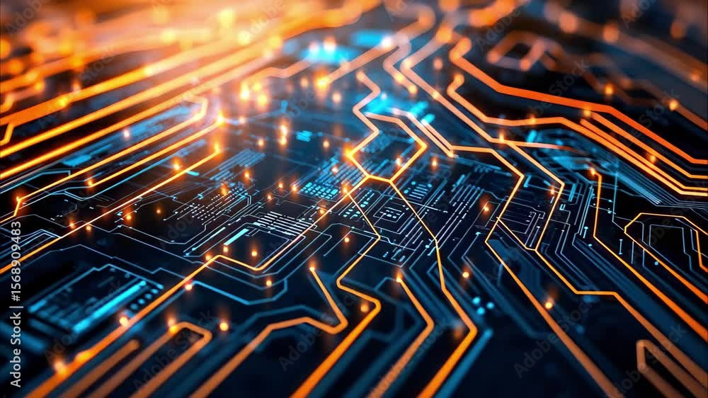 Poster a close-up view of a circuit board with glowing blue and orange lines, representing electronic pathw
