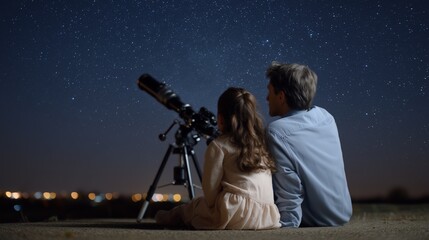 Father daughter stargazing telescope viewing constellations clear night sky. AI generated.