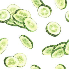 Sliced cucumber slices watercolor seamless pattern. Fresh vegetable cut cucumber circles. Realistic painted illustration for farming food fabric, packaging for cosmetics, salads. Isolated background