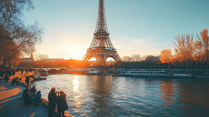 Sunrise cityscape with metal tower and river